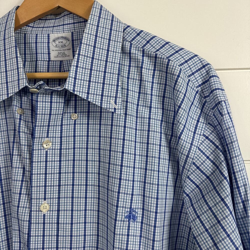 Brooks Brothers Button Front Shirt Slim Fit Non Iron Blue Plaid Check sz XXL